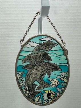 AMIA Hand-painted Stained Glass Suncatcher “Swimming Dolphins” 4.5x3.5in